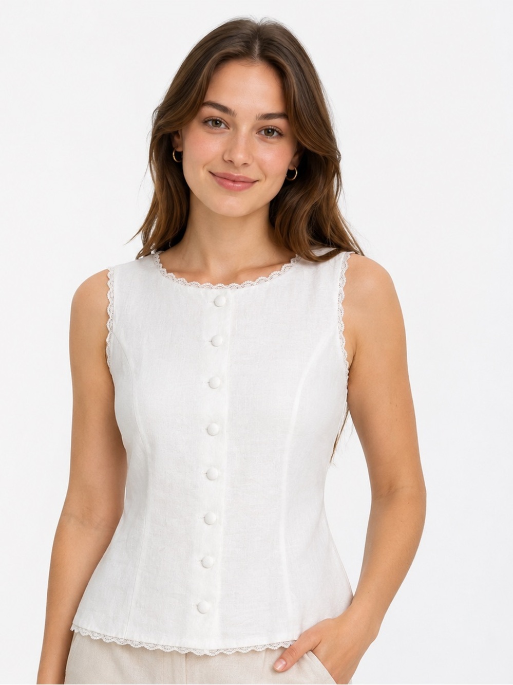 Cupcakes and Cashmere White Linen Blend Lace Trim Button Front Top – XS – NWT